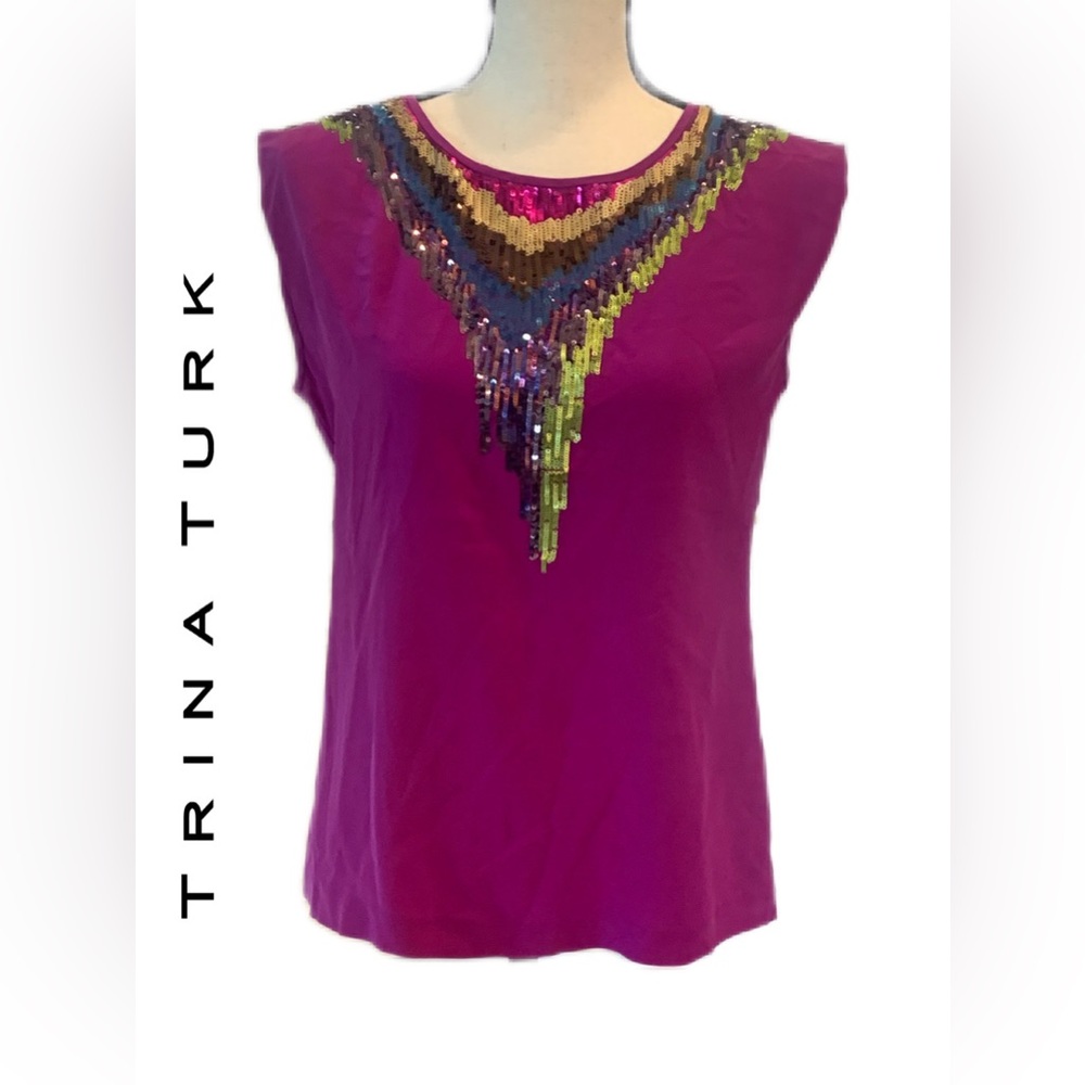 Trina Turk ~ 100% Silk Sequined V-neck Sleeveless Blouse in Magenta ~ Size S